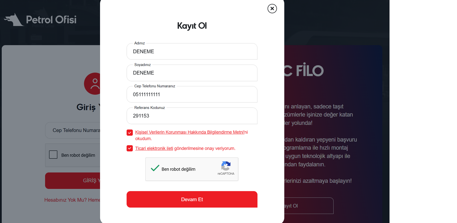 Petrol Ofisi online kayıt ekranında 291153 referans kodu